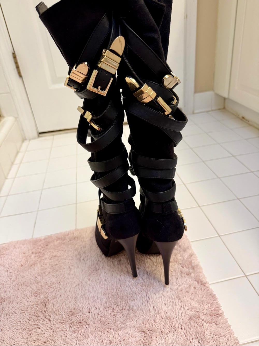 bebe Black Suede Wrap-Strap Stiletto Knee Boots with Gold Accents - Picture 5 of 10